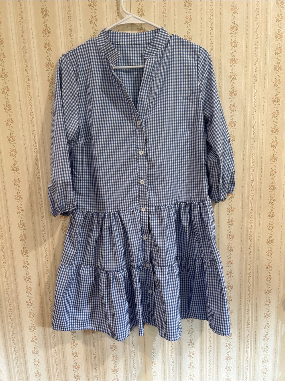 Blue and White Gingham Button-Front Tiered blouse